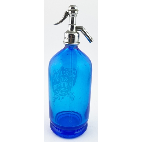 90 - SOUTHPORT SODA SYPHON. 12ins tall to the top of the trigger. Blue glass, foot bodied. Etched MERCHAN... 