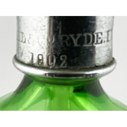 91 - ISLE OF WIGHT SODA SYPHON. 12ins tall to the top of the trigger. Green smooth glass, footed base. Et... 