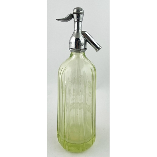 92 - MANCHESTER SODA SYPHON. 12.7ins tall to the top of the trigger. Lime green glass, vertically facette... 