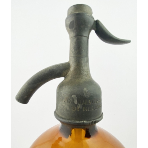 93 - ST HELENS SODA SYPHON. 11.6ins tall to the top of the trigger. Amber smooth glass, foot bodied. Etch... 