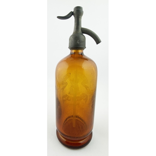 93 - ST HELENS SODA SYPHON. 11.6ins tall to the top of the trigger. Amber smooth glass, foot bodied. Etch... 