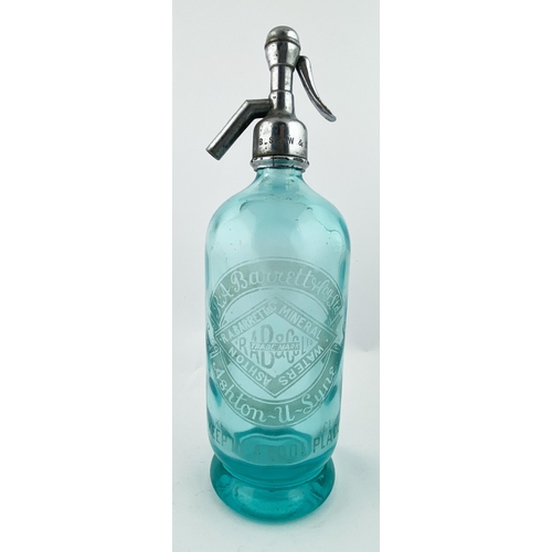 94 - ASHTON-U-LYME SODA SYPHON. 11.6ins tall to the top of the trigger. Aqua glass, circular dimple effec... 