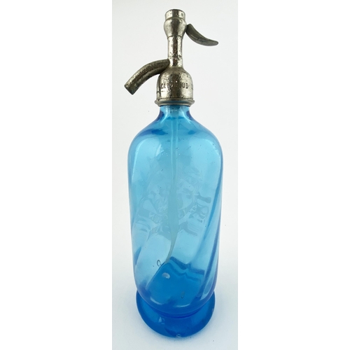 95 - FRENCH SODA SYPHON. 11.7ins tall to the top of impressed trigger. Blue glass, foot base, curve line ... 