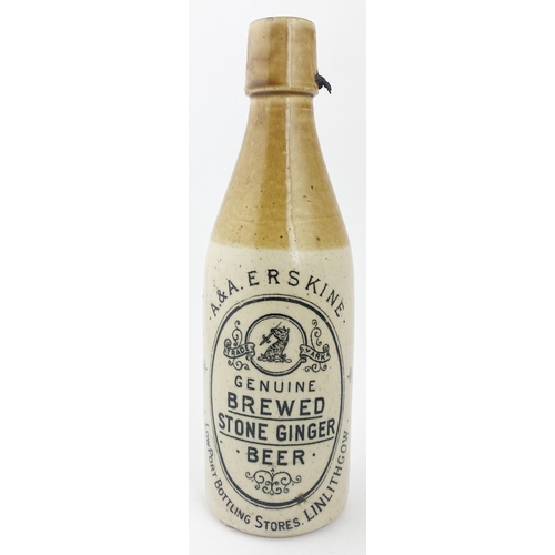 208 - ERSKINE LINLITHGOW GINGER BEER BOTTLE. 8.2ins tall, ch., t.t., swing stopper (remnants in one hole, ... 