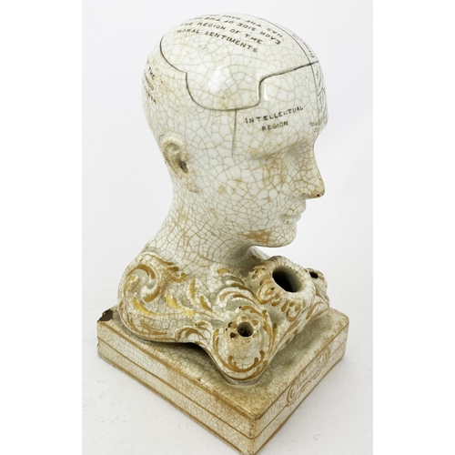 172 - PHRENOLOGY HEAD INKWELL. 5.6ins tall. Classic, heavy cast, pottery F Bridges Phrenologist inkwell, f... 