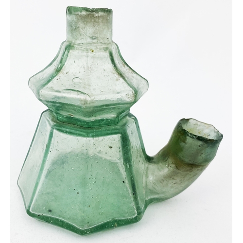 179 - DOUBLE FONT PEPPER POT INK. 3.5ins tall, aqua glass, sheared lip, octagonal teakettle bottom section... 