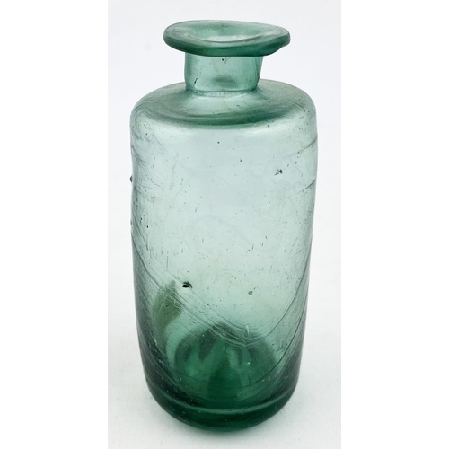 183 - FREE BLOWN APOTHECARY PHIAL. 3.6ins tall, c. 1740-50. Striking aquamarine glass cylinder phial, chun... 