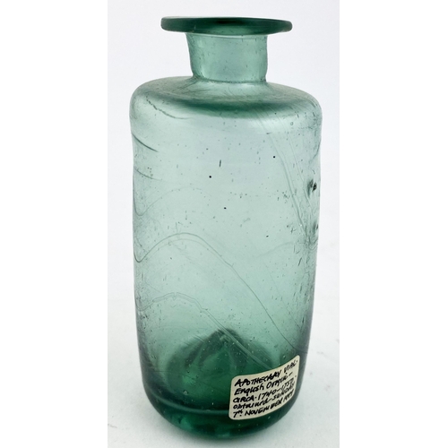 183 - FREE BLOWN APOTHECARY PHIAL. 3.6ins tall, c. 1740-50. Striking aquamarine glass cylinder phial, chun... 