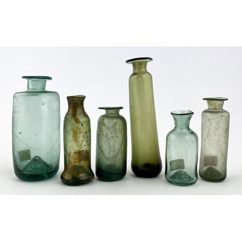 183 - FREE BLOWN APOTHECARY PHIAL. 3.6ins tall, c. 1740-50. Striking aquamarine glass cylinder phial, chun... 