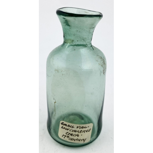 187 - FREE BLOWN APOTHECARY PHIAL. 2.3ins tall, sparkling aquamarine glass cylinder 17th c. phial, taperin... 