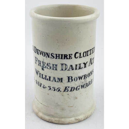 154 - DEVONSHIRE CLOTTED CREAM POT. 3.7ins tall. White body, black transfer. WILLAM BOWRONS/ 279. 281 & 33... 