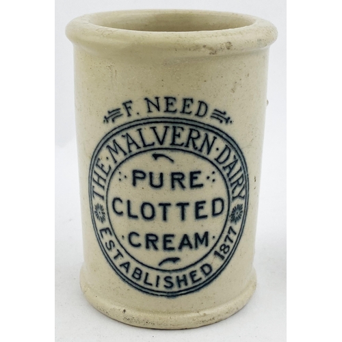 155 - MALVERN DAIRY CREAM POT. 3.7ins tall stoneware cylinder. Off white body, oval transfer. F. NEED/ THE... 