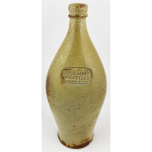 165 - SHEFFIELD SLAB SEAL FLASK. 11.4ins tall, lozenge shape, grey green all over, crude in manufacture fi... 