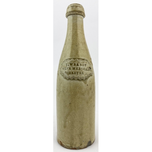 167 - CHESTER SLAB SEAL PORTER TYPE BOTTLE. 10ins tall, grey green slip glazed elegant champagne form. Lar... 