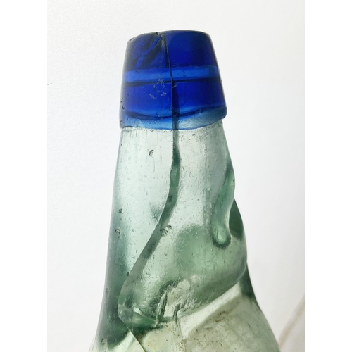 303 - BOLTON BLUE LIP CODD BOTTLE. 8.5ins tall. Aqua glass, embossed J. Eckersley. Side crack from lip to ... 