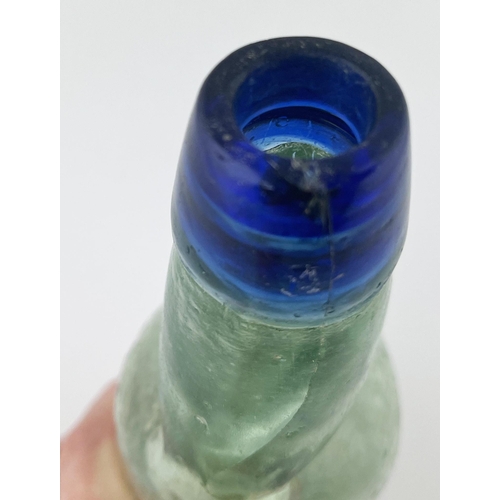 303 - BOLTON BLUE LIP CODD BOTTLE. 8.5ins tall. Aqua glass, embossed J. Eckersley. Side crack from lip to ... 