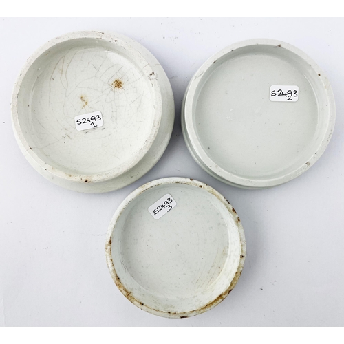 339 - LONDON POT LID TRIO. Largest 4.25ins. Inc. Vinolia, Army & Navy plus Fortnum & Masons. Edge wear plu... 