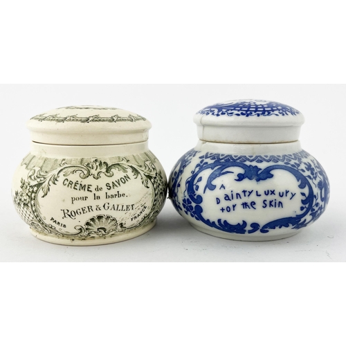 343 - CREAM POT DUO. Largest 2.5ins. Green print Roger & Gallet plus blue print C. U. Countie & Co. Hairli... 