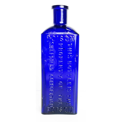 367 - SHEFFIELD CORPORATION POISON BOTTLE. 7ins tall. Square body, embossed to front panel, ribbed to eith... 