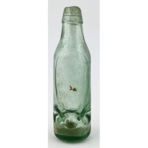 369 - STALYBRIDGE CODD BOTTLE. 8.5ins tall. Embossed John Tinker with t.m. to centre, dents to near bottom... 