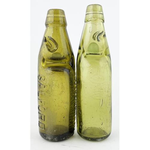 372 - SALFORD CODD BOTTLE DUO. Tallest 9ins. Slight variation in colour. Leigh & Co plus Groves & Whitnall... 