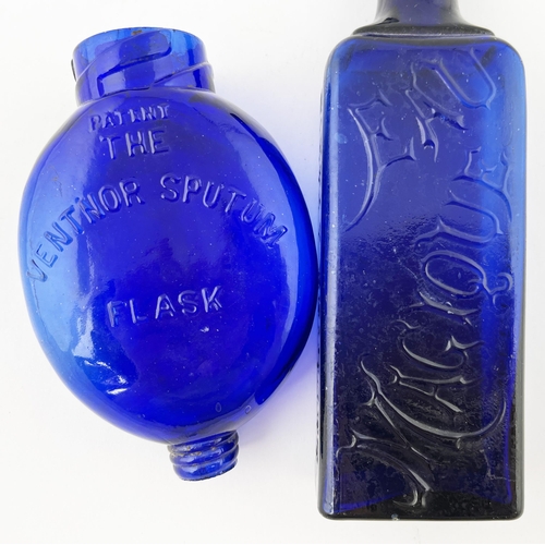 375 - COBALT BLUE GLASS DUO. Tallest 6.75ins. Embossed rectangular bodied Eau Magique Paris bottle plus Th... 