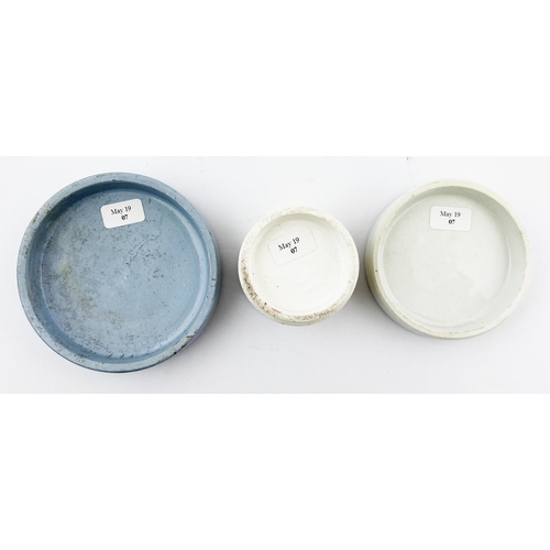 395 - POT LID TRIO. Largest 3.25ins. Inc. S. Maw, Son & Sons, lip salve lid & base plus George & Welchs. M... 