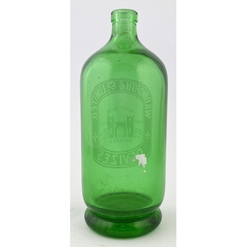 410 - DEVIZES WADWORTH & CO ACID ETCHED SODA SYPHON. 9.5ins tall. Light emerald green glass, North Gate t.... 