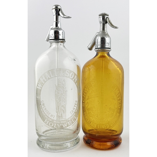 444 - ACID ETCHED SODA SYPHON DUO. Tallest 12.5ins. Holywell & Schweppes, both with trigger. Damages. (2)