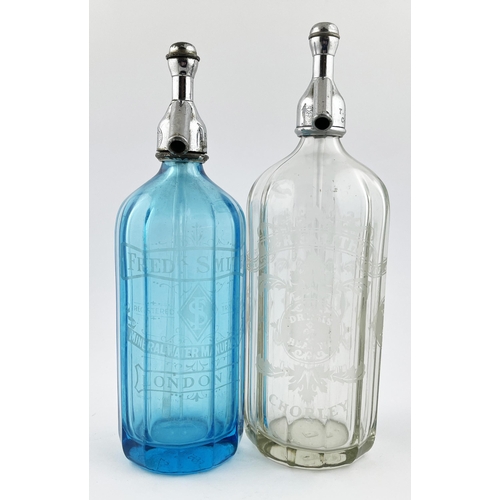 445 - ACID ETCHED SODA SYPHON DUO. Tallest 12.5ins. Double sided clear glass from Chorley plus London. Com... 