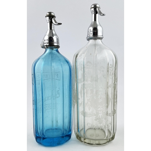 445 - ACID ETCHED SODA SYPHON DUO. Tallest 12.5ins. Double sided clear glass from Chorley plus London. Com... 