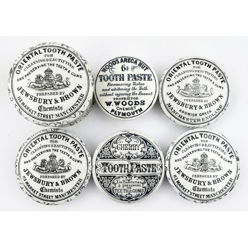 450 - TOOTH PASTE POT LID GROUP. Largest 3ins. Inc. Woods, Jewsbury & Brown. Damages. (6)