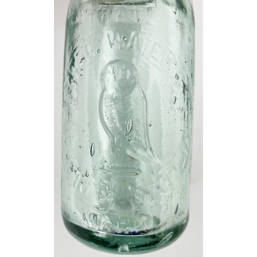 634 - RELIANCE PATENT CODD BOTTLE. 8.5ins tall. Aqua pictorial, green lip, embossing to both sides. Cut & ... 