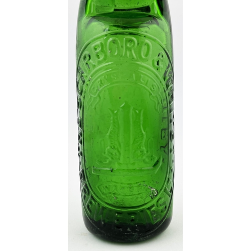 636 - SCARBORO & WHITBY GREEN CODD BOTTLE. 9ins tall. Heavily embossed, pictorial. Castleford makers. Worn... 