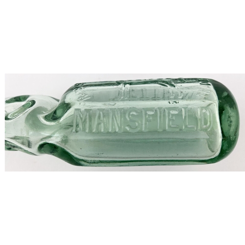 637 - MANSFIELD CODD BOTTLE. 7.25ins tall. Aqua, octagon shape, heavily embossed, H. J. METTHAM with horse... 