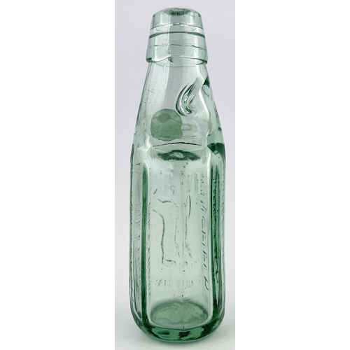 637 - MANSFIELD CODD BOTTLE. 7.25ins tall. Aqua, octagon shape, heavily embossed, H. J. METTHAM with horse... 