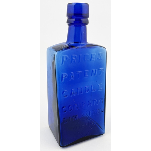 638 - PRICES PATENT CANDLE BOTTLE. 7.5ins tall. Cobalt blue, heavily embossed to one side with diam reg ma... 