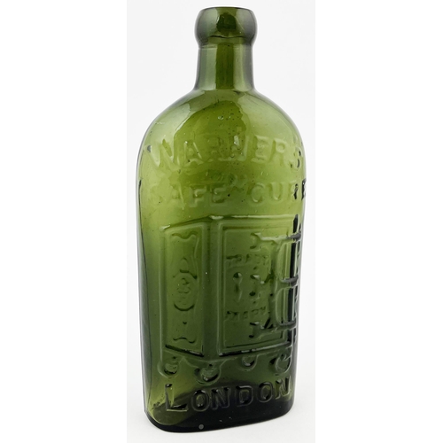 639 - WARNERS SAFE CURE BOTTLE. 7.25ins. Olive green glass, embossed LONDON with familiar safe motif. Mint... 