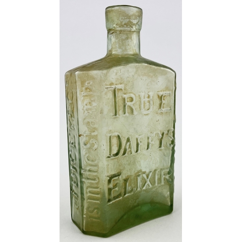 648 - TRUE DAFFYS ELIXIR BOTTLE. 5.5ins tall. Embossing to all sides. No 10 Bow Church Yard. Really good.