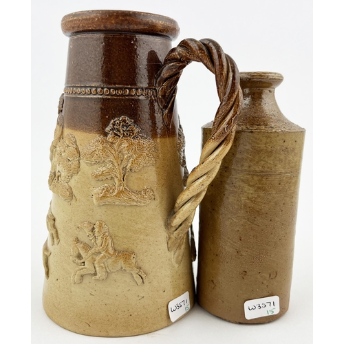 649 - SALT GLAZE DUO. Tallest 5.75ins. Sprigged handled jug with hunting scene plus impressed Salford vete... 