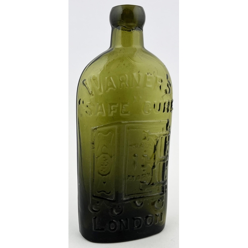 664 - WARNERS SAFE CURE LONDON. 7ins tall. Olive green glass, 1/2 pint, heavily embossed & safe motif to c... 