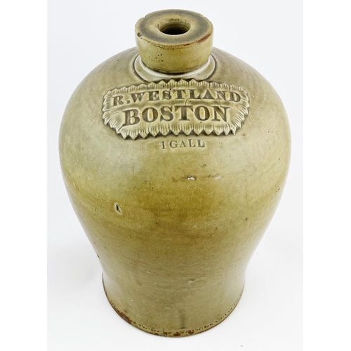 669 - MALTON IMPRESSED SEALED FLAGON. 10ins tall. Impressed seal W. WRANGHAM, rear handle. Lip chips & min... 