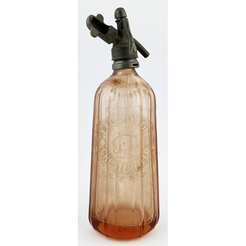 674 - CHESTERFIELD ACID ETCHED SODA SYPHON. 13.5ins tall. Pink, acid etched J. J. Clayton, complete with t... 