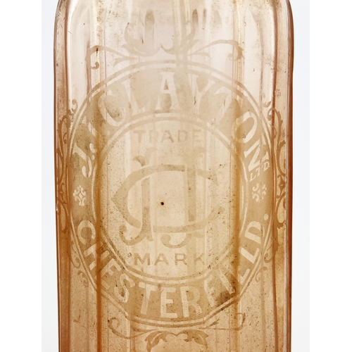 674 - CHESTERFIELD ACID ETCHED SODA SYPHON. 13.5ins tall. Pink, acid etched J. J. Clayton, complete with t... 