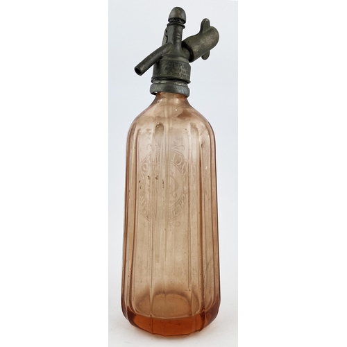 674 - CHESTERFIELD ACID ETCHED SODA SYPHON. 13.5ins tall. Pink, acid etched J. J. Clayton, complete with t... 