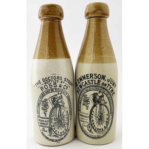 626 - NEWCASTLE GINGER BEER DUO. Tallest 8ins. Ross plus R. Emmerson, both with pict of penny farthing to ... 