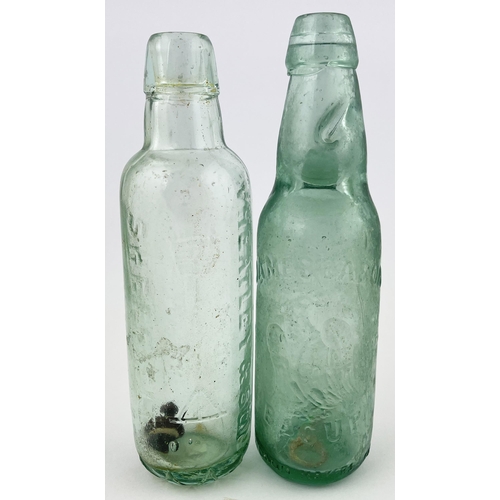 633 - CODDS PATENT 4 BOTTLE plus other. Tallest 9ins. Aqua glass. Bacup pictorial codds patent 4 plus Shef... 