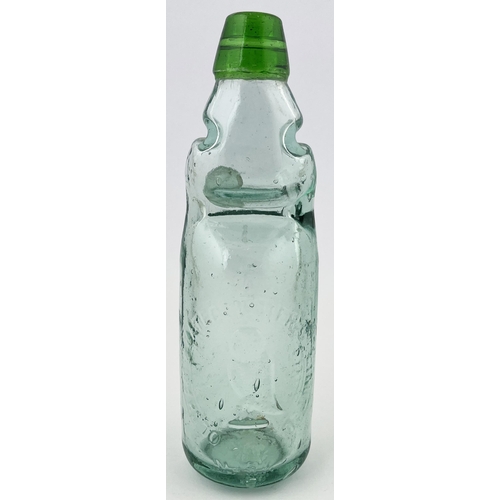 634 - RELIANCE PATENT CODD BOTTLE. 8.5ins tall. Aqua pictorial, green lip, embossing to both sides. Cut & ... 