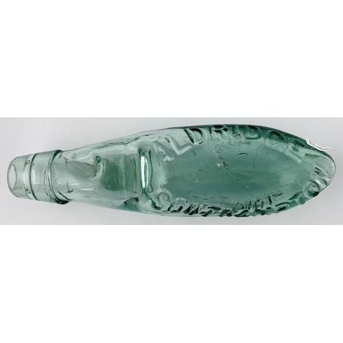 635 - SOUTHAMPTON HAMILTON BOTTLE. 8ins tall. Aqua glass, heavily embossed. Aldridge. Body dings.