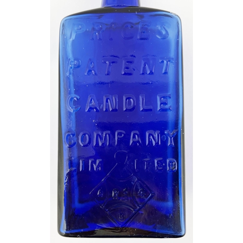 638 - PRICES PATENT CANDLE BOTTLE. 7.5ins tall. Cobalt blue, heavily embossed to one side with diam reg ma... 